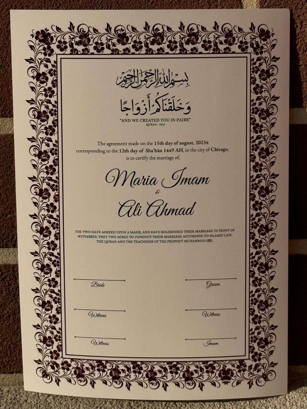 Nikkah Certificate A3, Nikkah Certificate, Nikkahnama, Muslim Marriage Certificate, A3 Certificate. 273