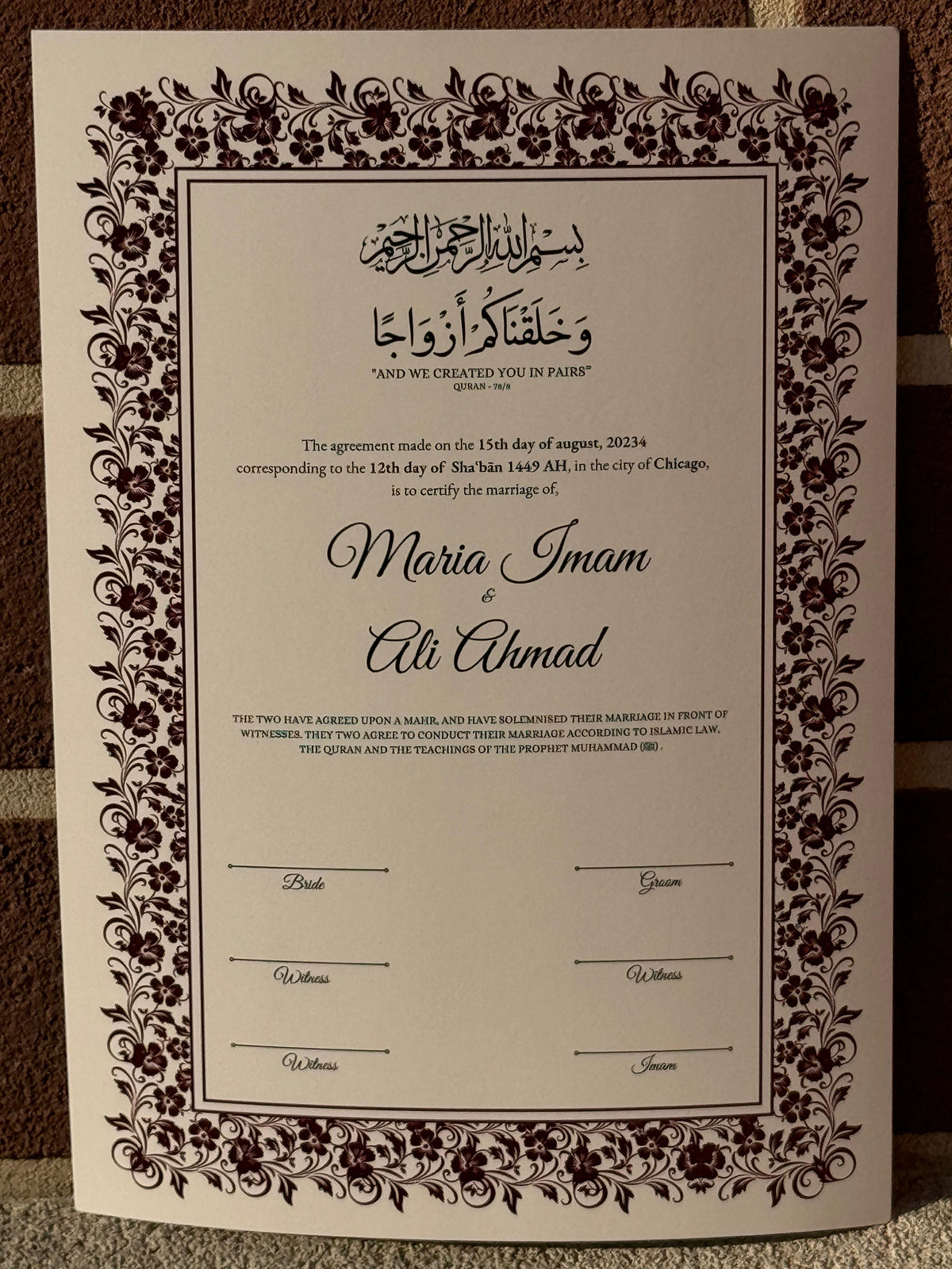 Nikkah Certificate A3, Nikkah Certificate, Nikkahnama, Muslim Marriage Certificate, A3 Certificate. 273