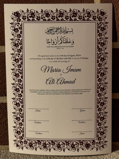 Nikkah Certificate A3, Nikkah Certificate, Nikkahnama, Muslim Marriage Certificate, A3 Certificate. 273