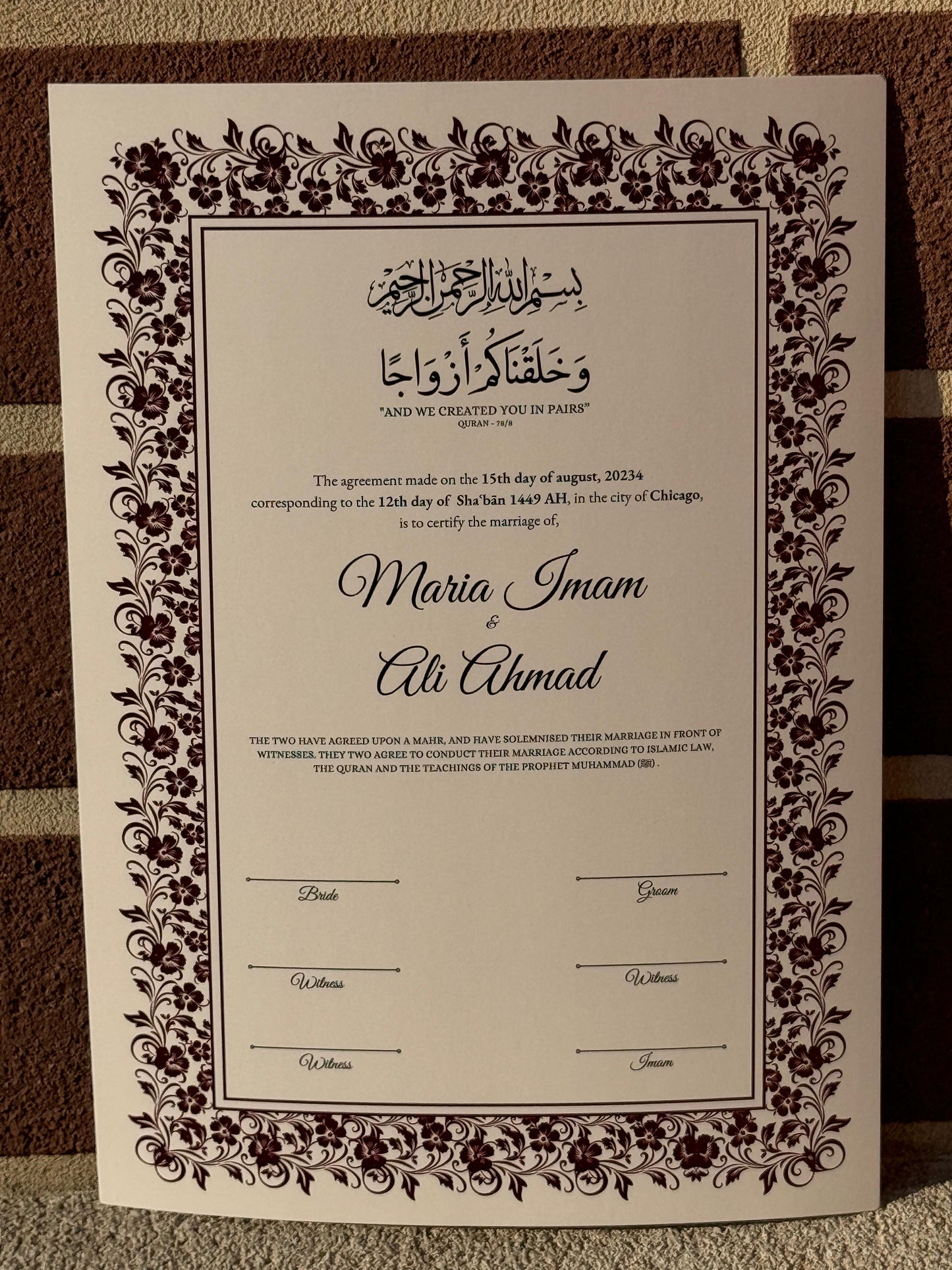 Nikkah Certificate A3, Nikkah Certificate, Nikkahnama, Muslim Marriage Certificate, A3 Certificate. 273