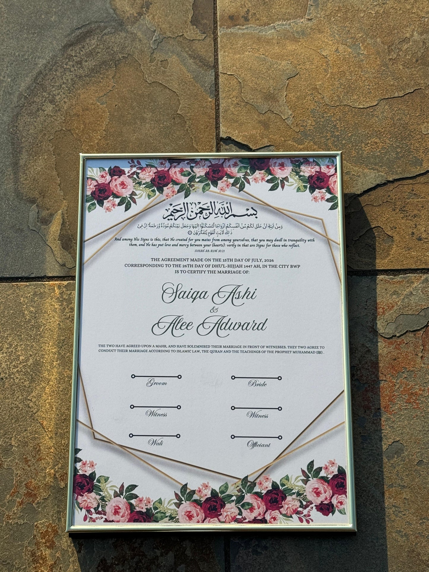 Nikkah Certificate A4 With Frame, Islamic Wedding Contract, Muslim Marriage Certificate, Nikkah Nama, Personalised Names. Nikkah Certificate, 278