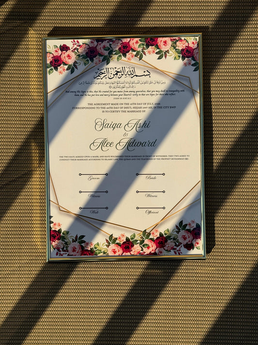 Nikkah Certificate A4 With Frame, Islamic Wedding Contract, Muslim Marriage Certificate, Nikkah Nama, Personalised Names. Nikkah Certificate, 278