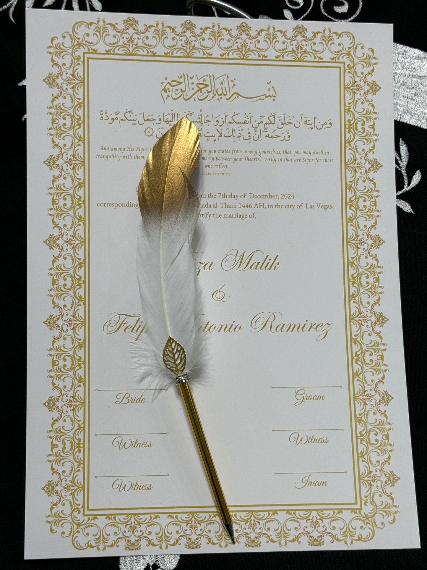 A3 Nikkah Certificate with Feather Pen  , Nikkah Certificate, Nikkahnama, Muslim Marriage Certificate, A3 Certificate