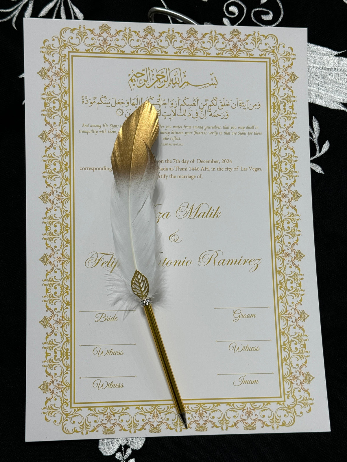 A4 Nikkah Certificate with Feather Pen  , Nikkah Certificate, Nikkahnama, Muslim Marriage Certificate, A4 Certificate