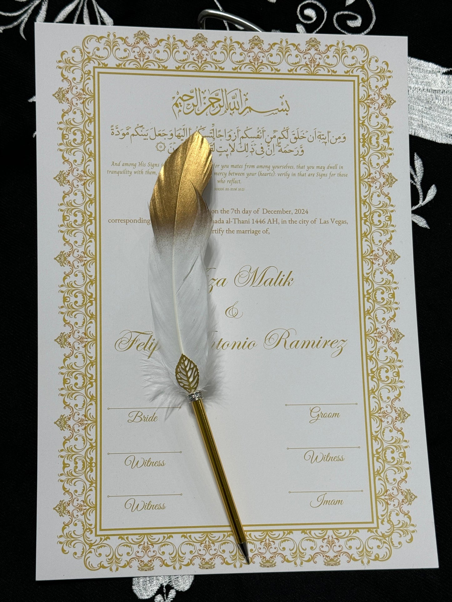 A3 Nikkah Certificate with Feather Pen  , Nikkah Certificate, Nikkahnama, Muslim Marriage Certificate, A3 Certificate