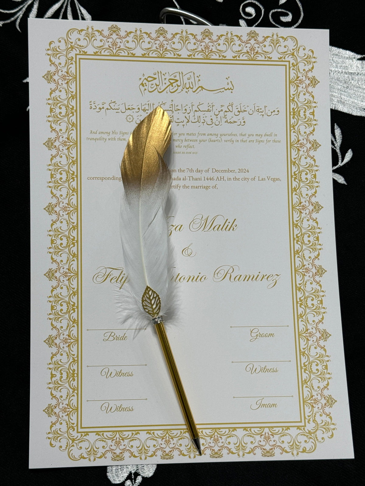 A3 Nikkah Certificate with Feather Pen  , Nikkah Certificate, Nikkahnama, Muslim Marriage Certificate, A3 Certificate
