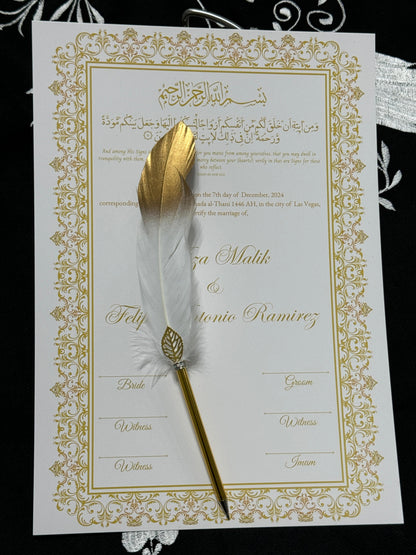 A4 Nikkah Certificate with Feather Pen  , Nikkah Certificate, Nikkahnama, Muslim Marriage Certificate, A4 Certificate