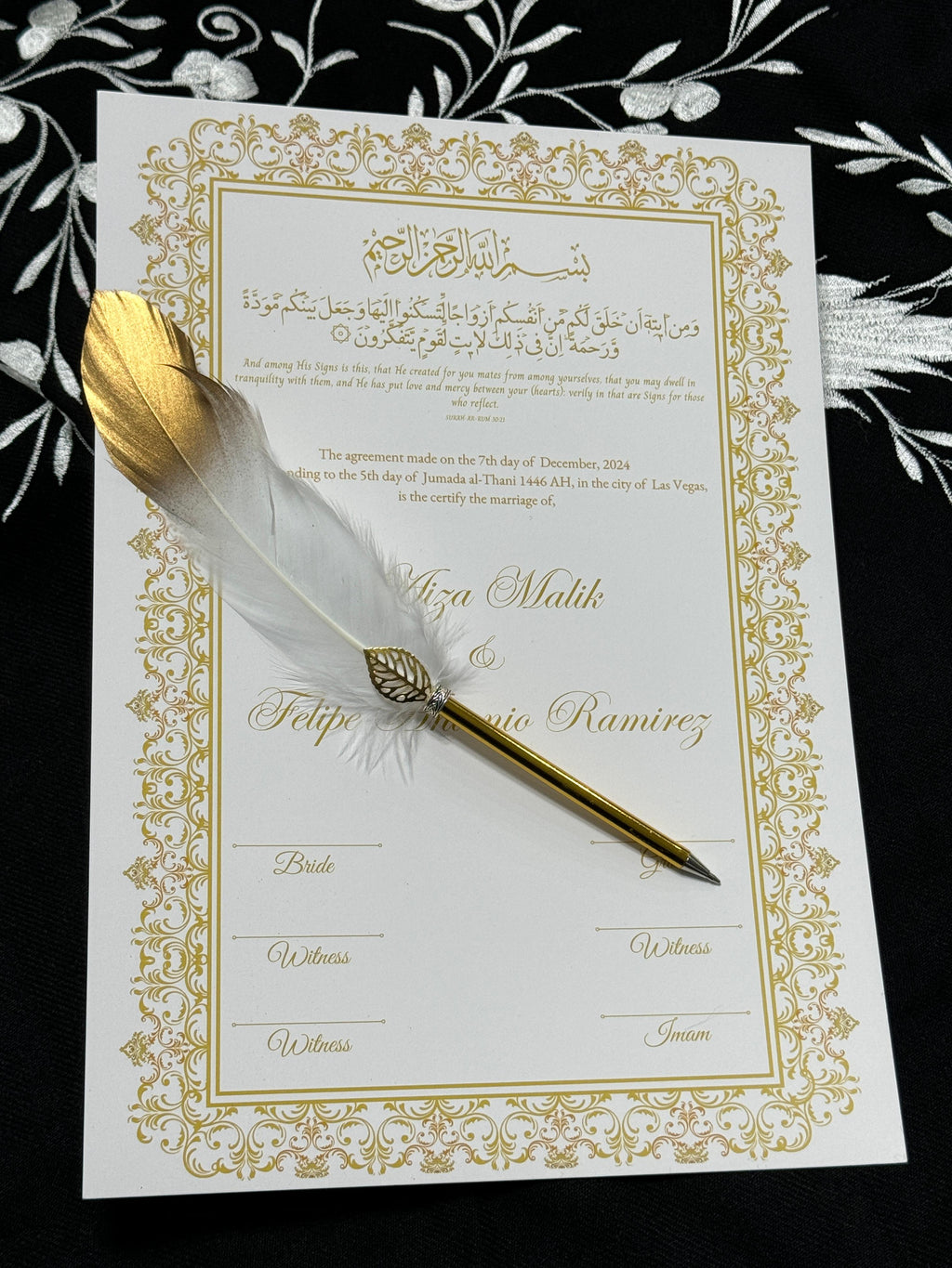 A4 Nikkah Certificate with Feather Pen  , Nikkah Certificate, Nikkahnama, Muslim Marriage Certificate, A4 Certificate