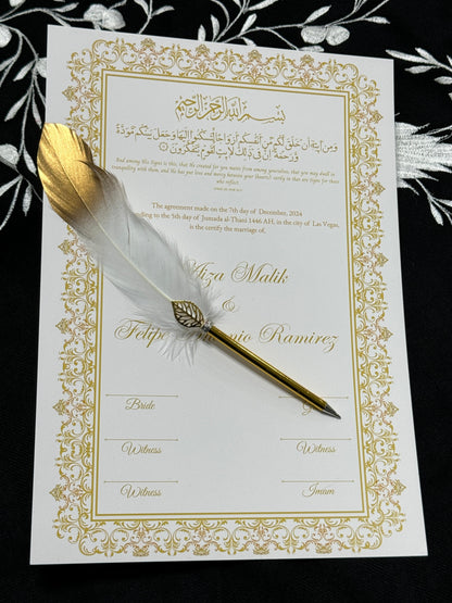 A3 Nikkah Certificate with Feather Pen  , Nikkah Certificate, Nikkahnama, Muslim Marriage Certificate, A3 Certificate