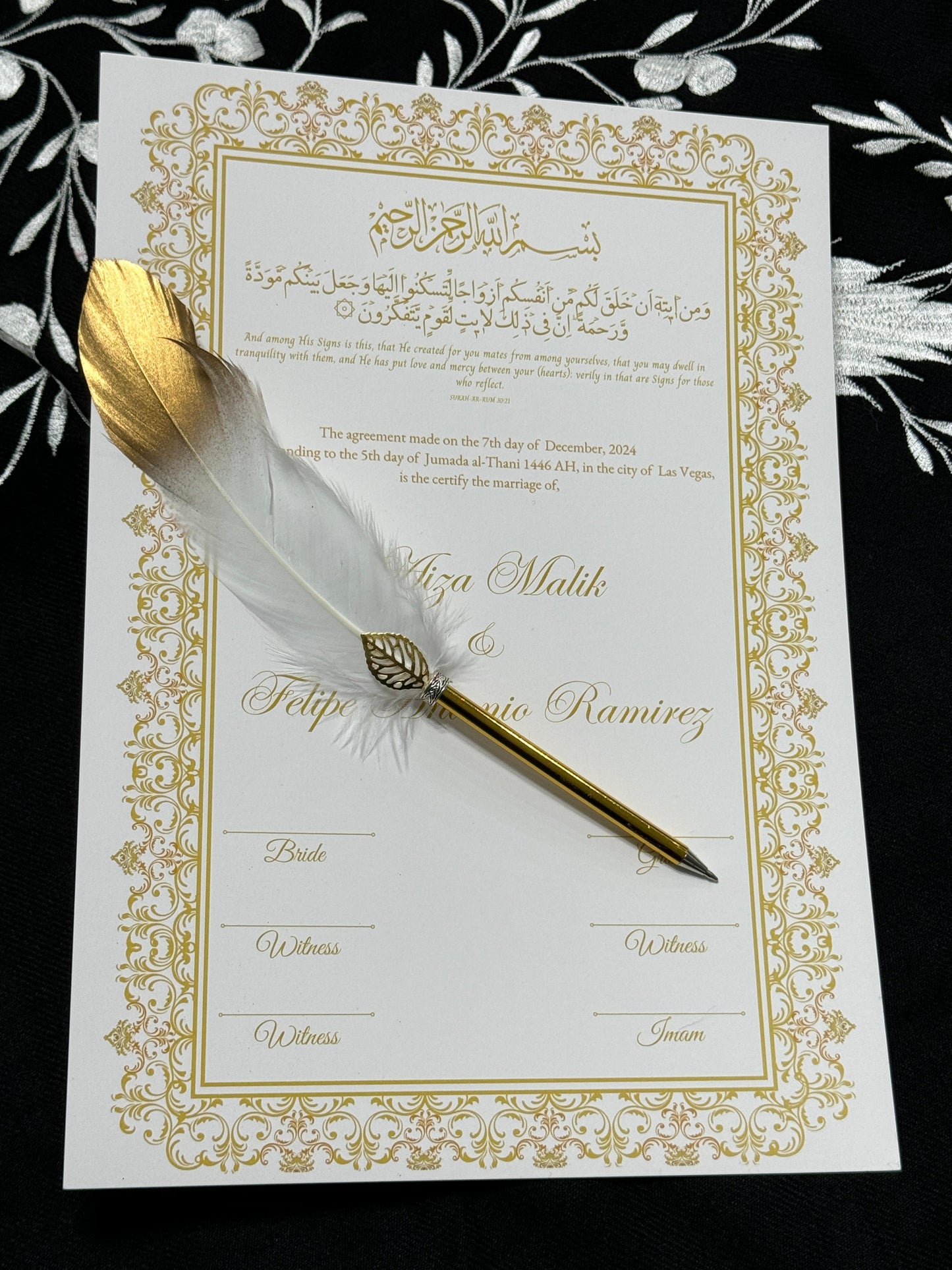 A4 Nikkah Certificate with Feather Pen  , Nikkah Certificate, Nikkahnama, Muslim Marriage Certificate, A4 Certificate