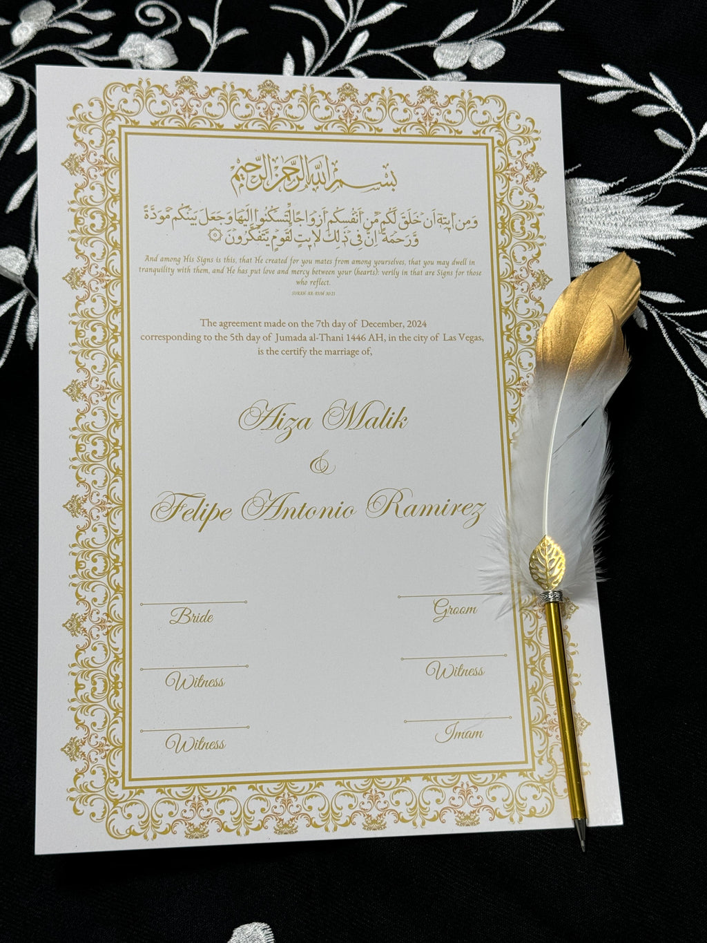 A4 Nikkah Certificate with Feather Pen  , Nikkah Certificate, Nikkahnama, Muslim Marriage Certificate, A4 Certificate