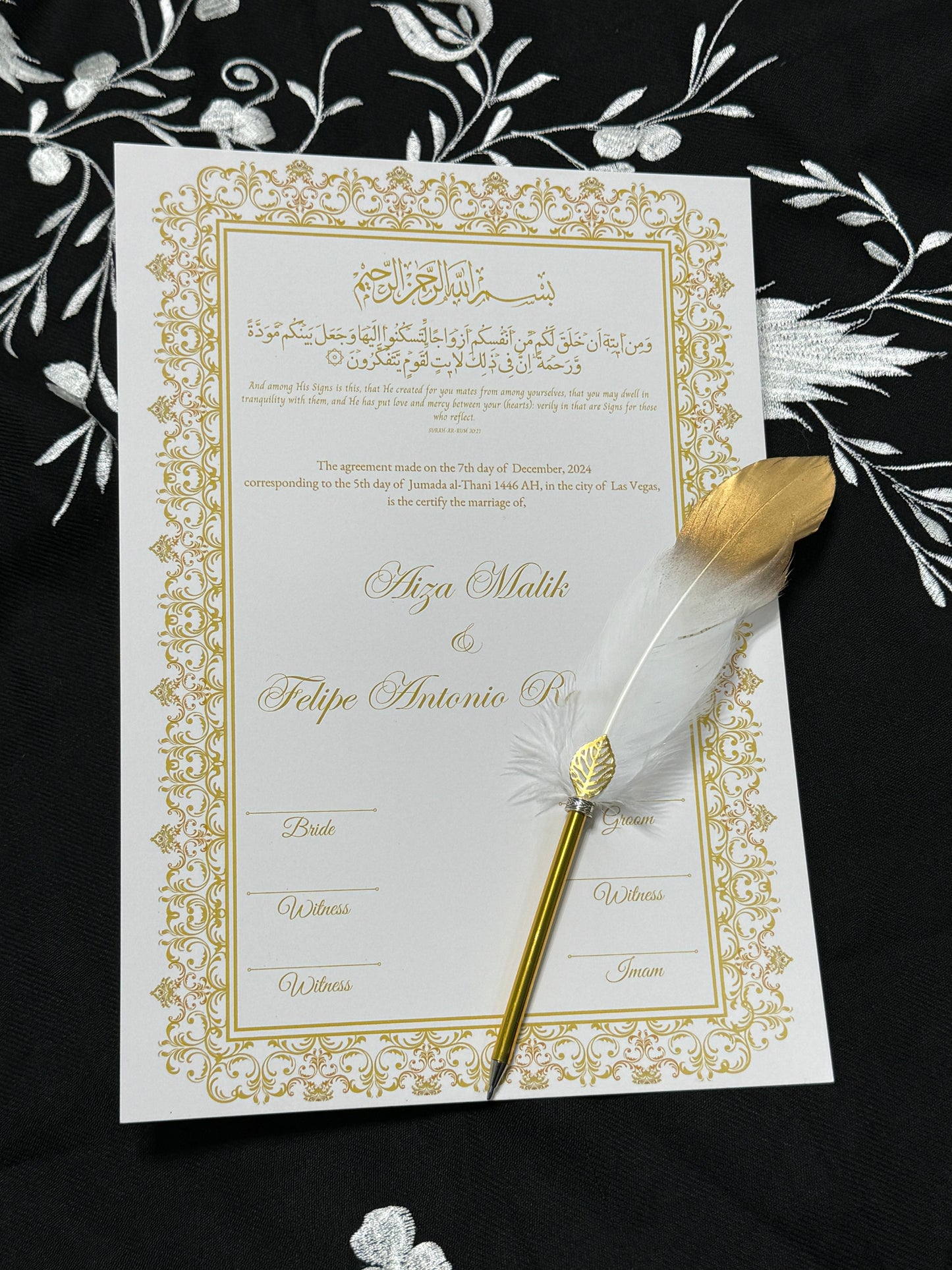 A3 Nikkah Certificate with Feather Pen  , Nikkah Certificate, Nikkahnama, Muslim Marriage Certificate, A3 Certificate