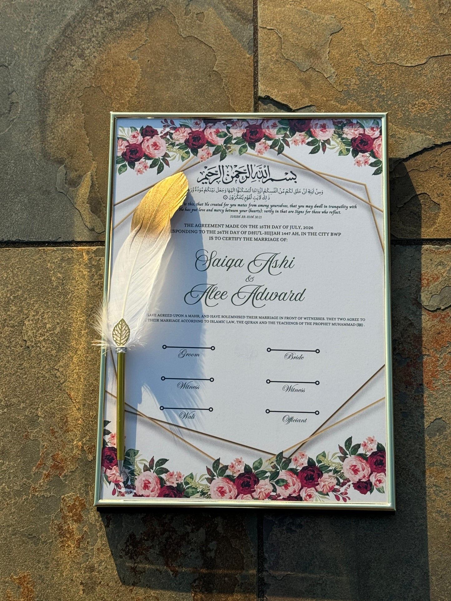 Nikkah Certificate with Feather Pen and Gold Frame