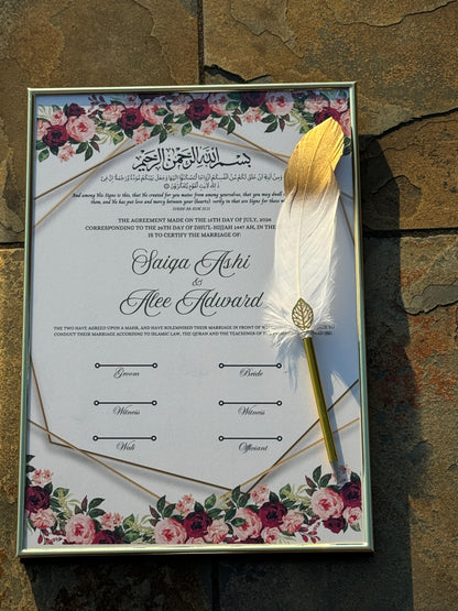 Nikkah Certificate with Feather Pen and Gold Frame