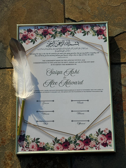 Nikkah Certificate with Feather Pen and Gold Frame