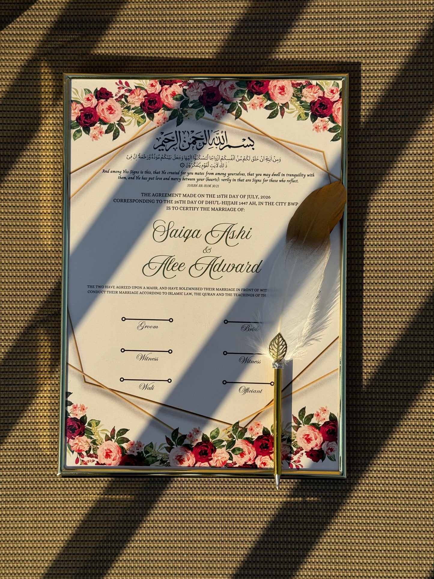 Nikkah Certificate with Feather Pen and Gold Frame