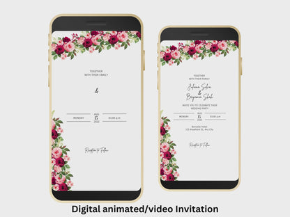 Wedding Evite Template, Electronic Wedding Invitation, Pink Flower Digital Wedding Invitation, Text Message, Mobile Phone Invite. WTD46