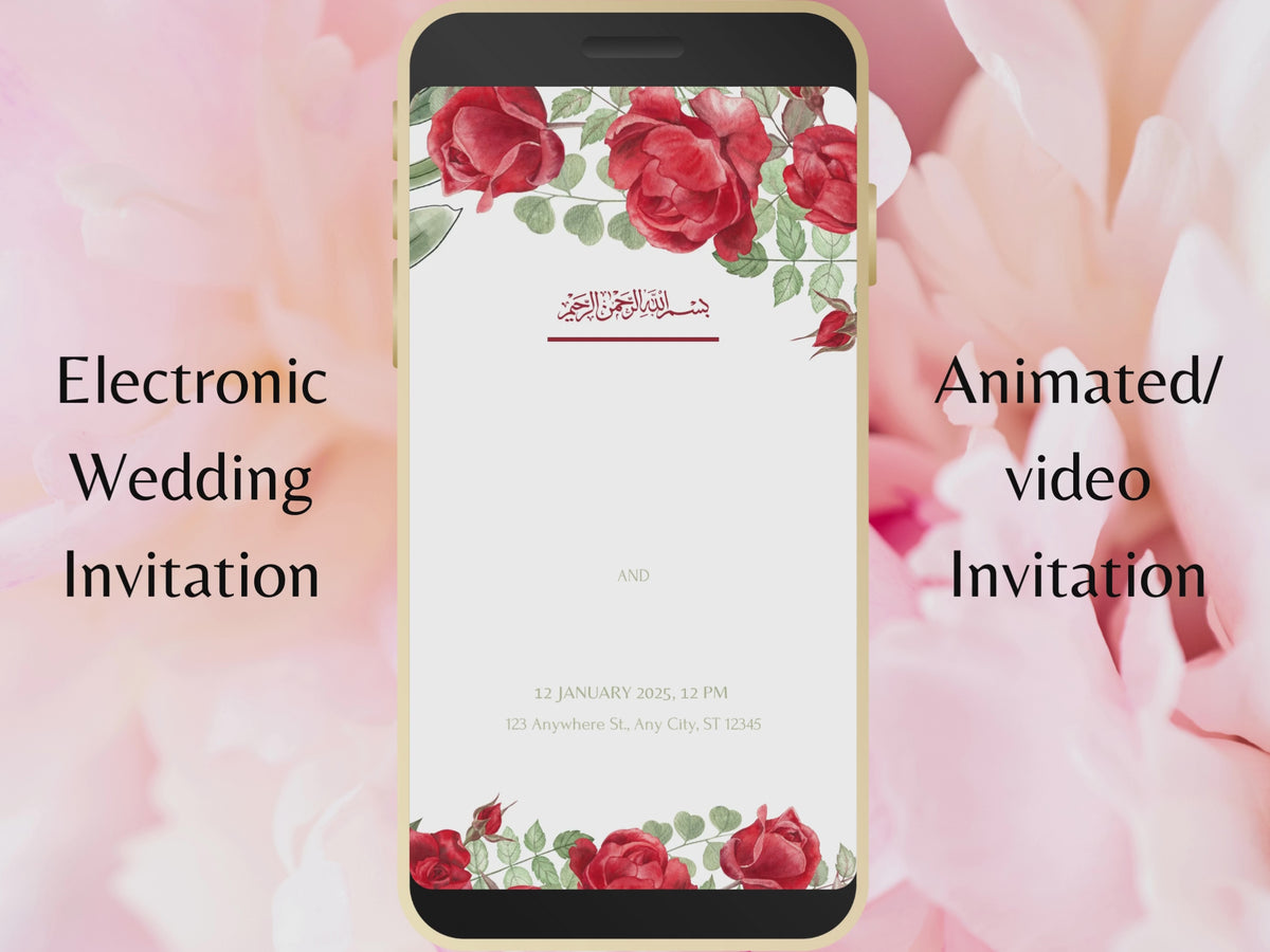 Red Rose Wedding Evite Template, Electronic Wedding Invitation, Red Rose video Wedding Invitation, Text Message, Mobile Phone Invite. WEI45