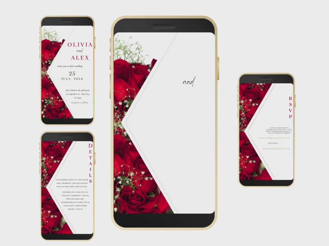Modern Electronic Red Rose Wedding Invitation, Red Rose RSVP, Elegant Red Rose wedding Invitation, Smartphone Invitation. WEI5